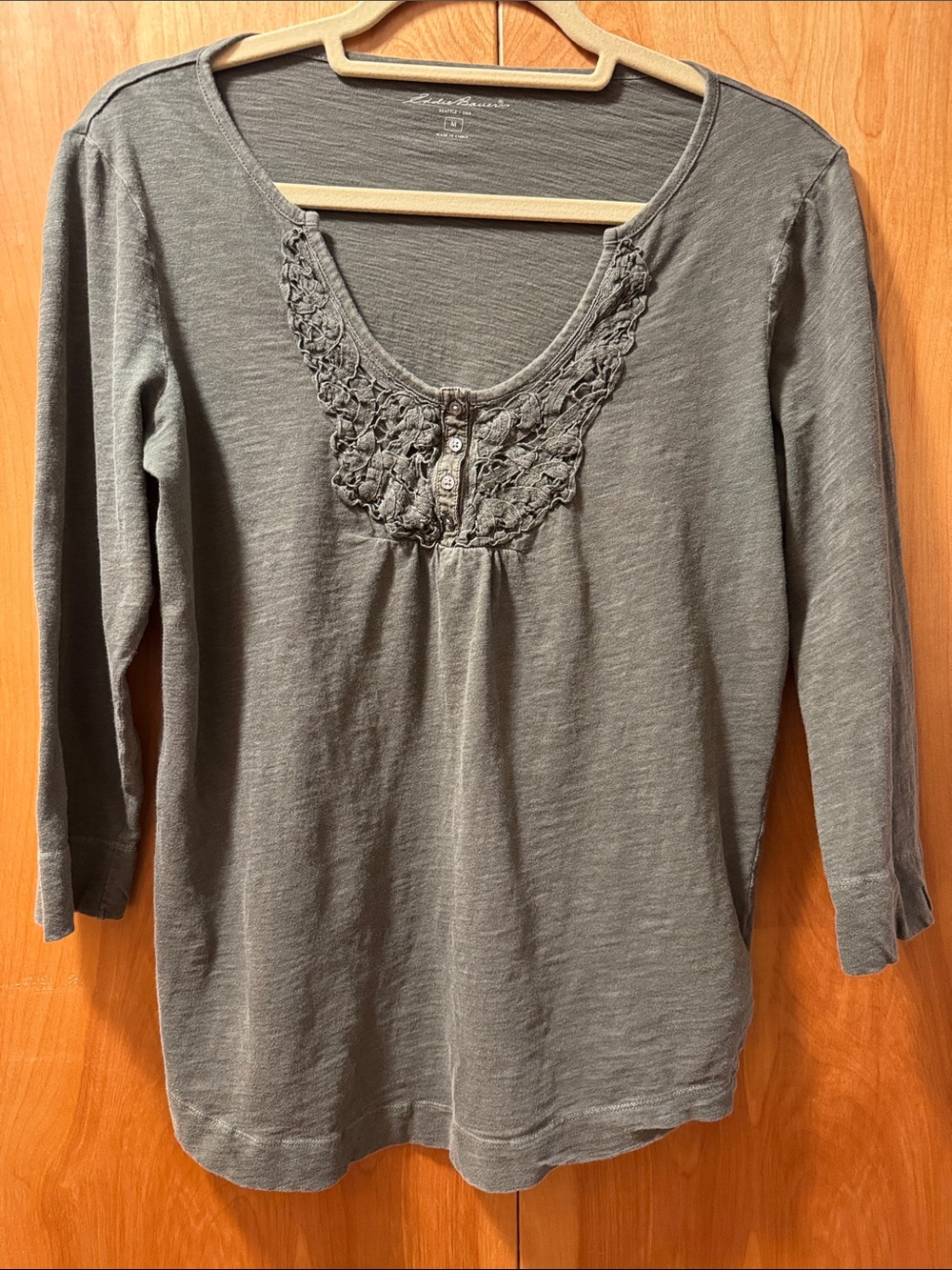 Eddie Bauer Olive Scoop-Neck Lace Yoke Long Sleeve Tee